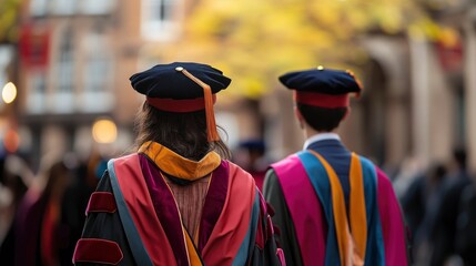 Back view of university graduates wearing graduation gowns and caps on graduation day. with blurred background, closeup. professional photo shot. Copy space.