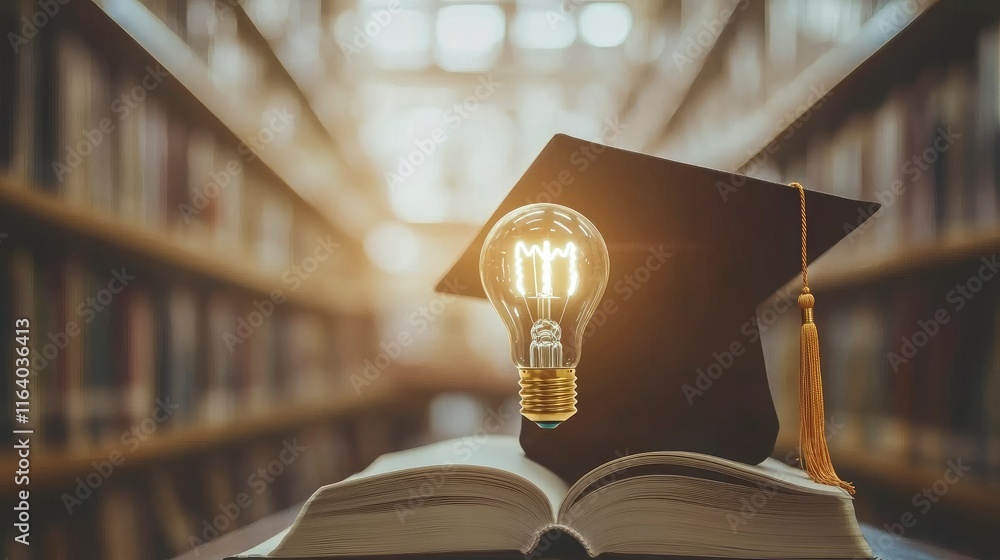 Poster graduation cap with a lightbulb on the book and icon learning in the classroom. education learning c