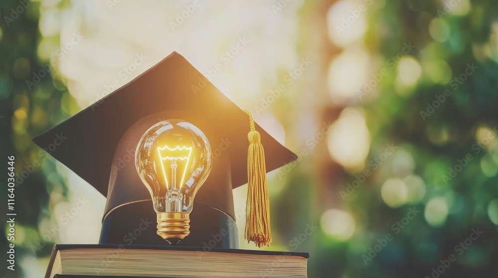 Poster graduation cap with a lightbulb on the book and icon learning in the classroom. education learning c
