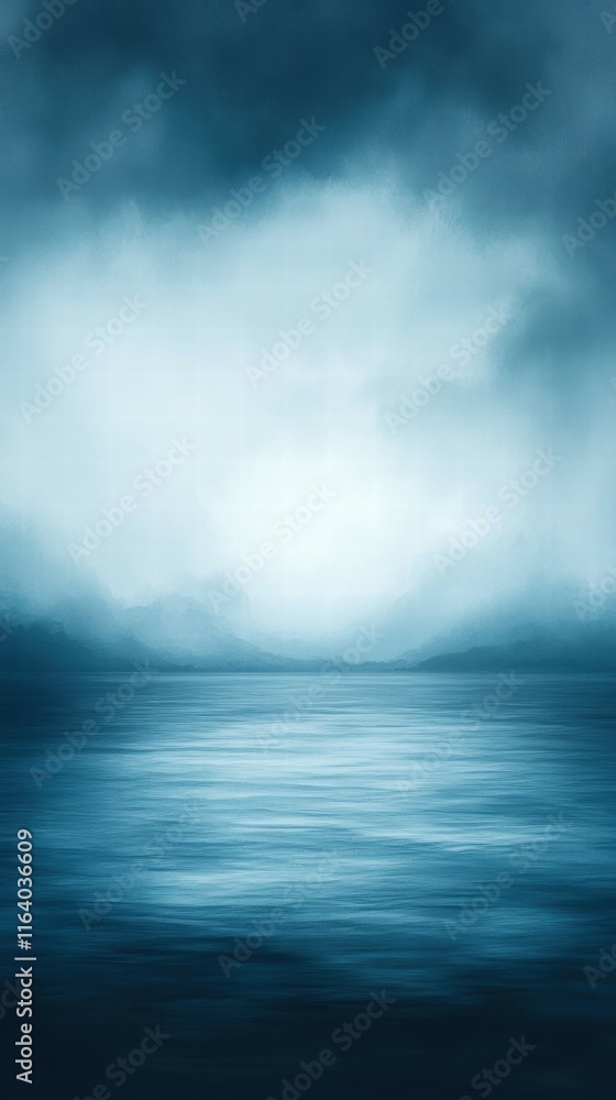 Poster a serene seascape with soft blue tones and misty clouds, evoking calm and tranquility.