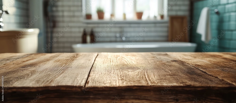 Poster rustic wooden table in a blurred bathroom setting creating a warm and inviting atmosphere for interi