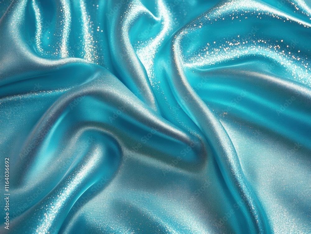 Poster a close-up of shimmering turquoise satin fabric with soft folds and a glossy finish.