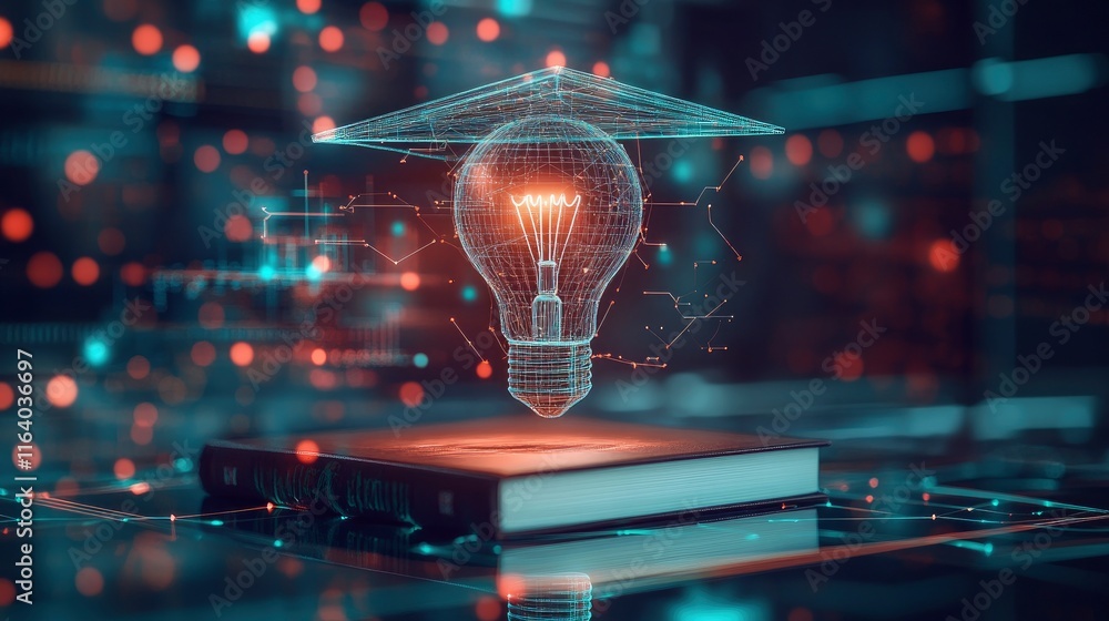 Poster graduation cap with a lightbulb on the book and icon learning in the classroom. education learning c