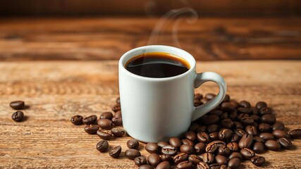 A cup of freshly brewed americano coffee topped with a handful of coffee beans on the side, drink, refreshment