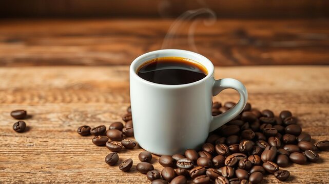 A cup of freshly brewed americano coffee topped with a handful of coffee beans on the side, drink, refreshment