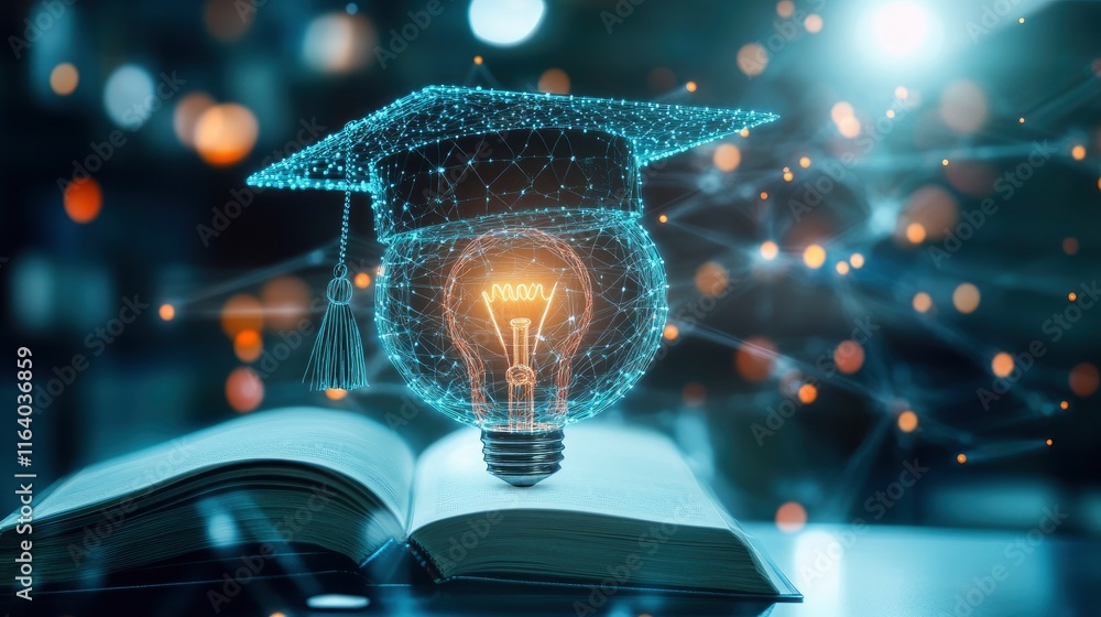 Poster graduation cap with a lightbulb on the book and icon learning in the classroom. education learning c