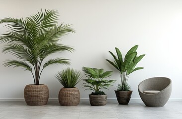 Fototapeta premium A modern room for work featuring green potted plants, embodying home design principles