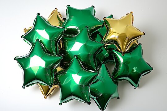 For St. Patrick's Day parties, gold foil balloons in star shapes and green clover leaf-shaped balloons create a festive atmosphere. This holiday and celebration concept includes metallic air