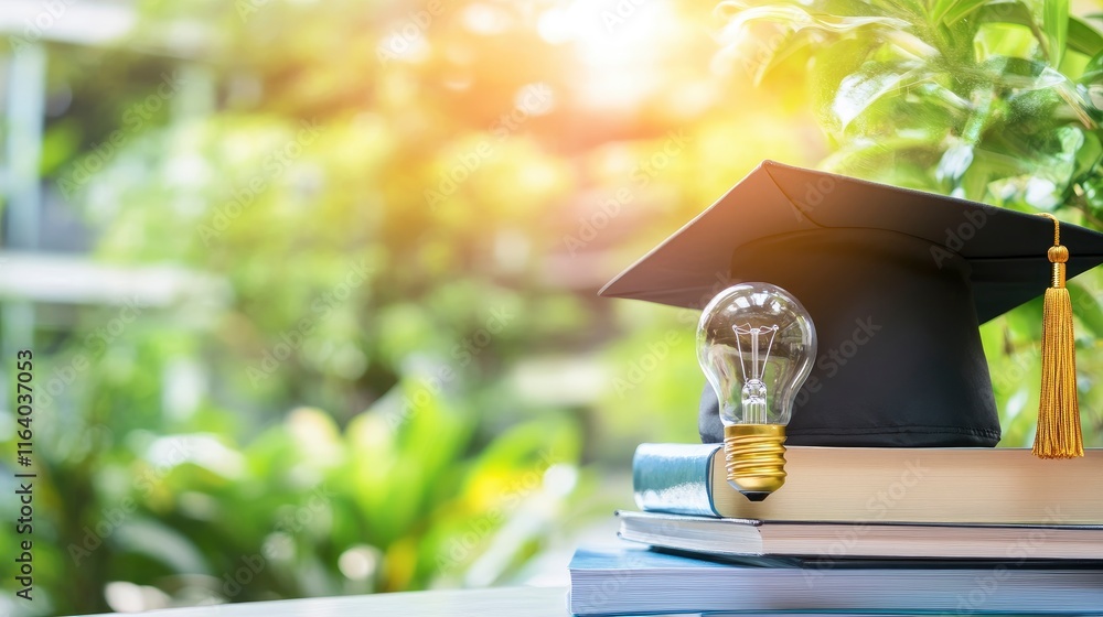 Poster graduation cap with a lightbulb on the book and icon learning in the classroom. education learning c