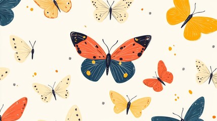 Summer Background with Colorful Butterflies. Simple Feminine Pattern for Card, Invitation, Print. Trendy Decoration with Beautiful Butterfly Silhouettes. Vector Background with Moth.