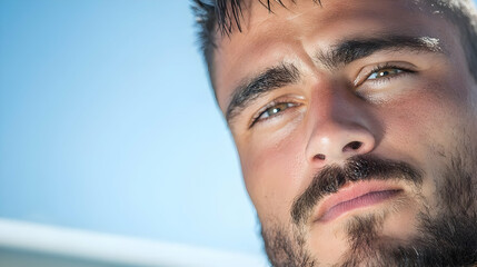 Obraz premium Close-up portrait of a young man with a beard looking at the camera with a serious expression against a clear blue sky.
