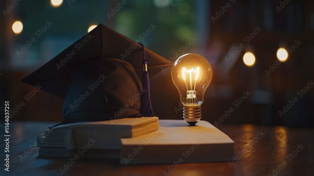 Poster graduation cap with a lightbulb on the book and icon learning in the classroom. education learning c