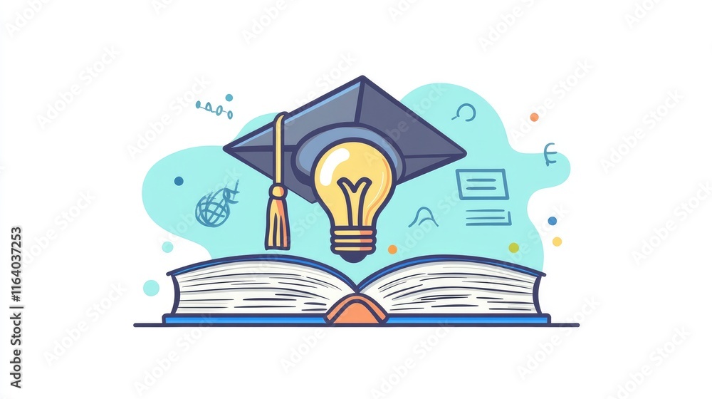 Poster graduation cap with a lightbulb on the book and icon learning in the classroom. education learning c