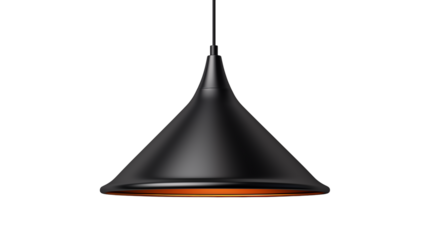 Black hanging ceiling lamp isolated for use in design, architecture, and lighting-related projects, studio view, isolated on transparent background.