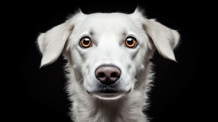 White Maremma Sheepdog with expressive eyes showcasing a friendly and healthy demeanor against a black background in a portrait style.
