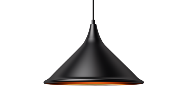 Black hanging ceiling lamp isolated for use in design, architecture, and lighting-related projects, studio view, isolated on transparent background.