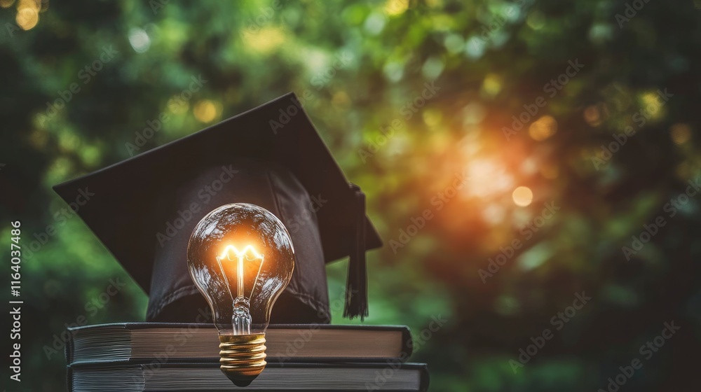 Poster graduation cap with a lightbulb on the book and icon learning in the classroom. education learning c