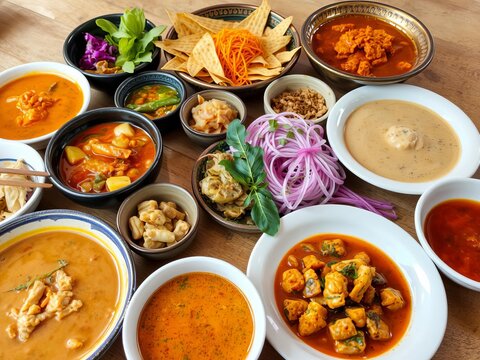 A colorful spread of northern Thai khantoke dinner showcasing vibrant curries and side dishes, culinary, khantoke dinner