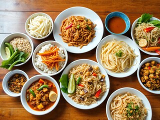A colorful assortment of Thai food mixes including rice dishes and noodles on a wooden table, Thai food, assortment