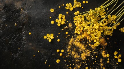Yellow mustard grains and flowers on a dark surface showcasing natural spices and culinary ingredients for food photography and recipes.