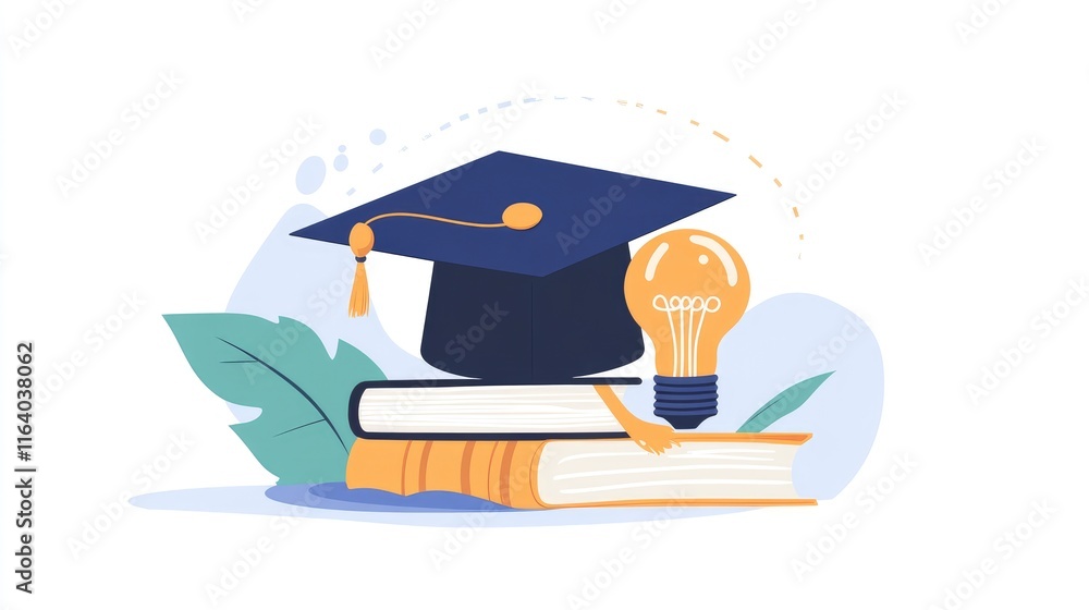 Poster graduation cap with a lightbulb on the book and icon learning in the classroom. education learning c