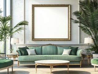 Obraz premium Elegant Green Sofa With Ornate Frame And Plants