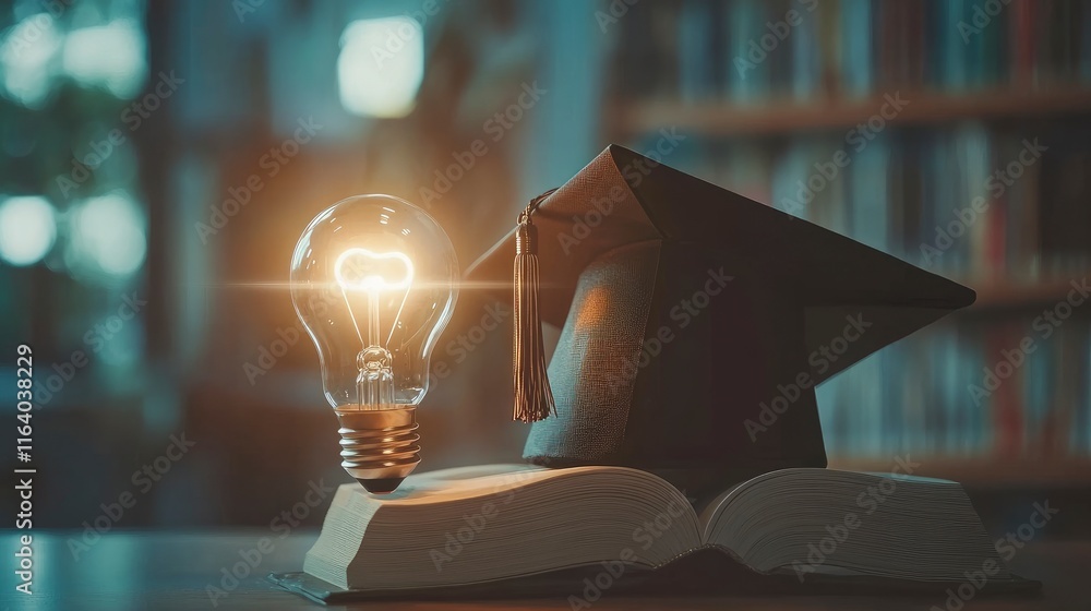 Poster graduation cap with a lightbulb on the book and icon learning in the classroom. education learning c