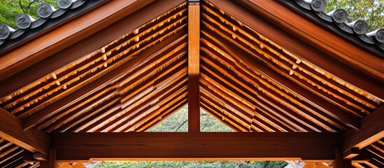 Wooden slatted roof design highlighting skilled craftsmanship in contemporary architecture with intricate building details and natural lighting