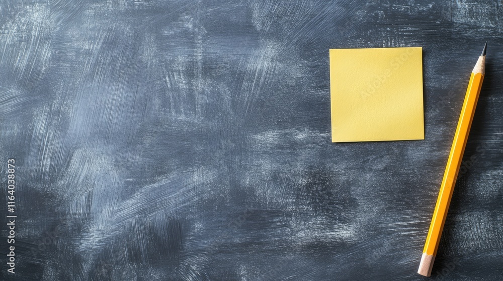 Poster yellow sticky note and pencil on a textured dark surface creating an ideal space for reminders or no