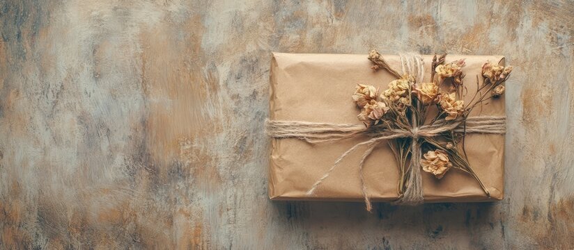 Vintage brown gift box adorned with dry flowers on textured background ideal for rustic holiday or celebration themes