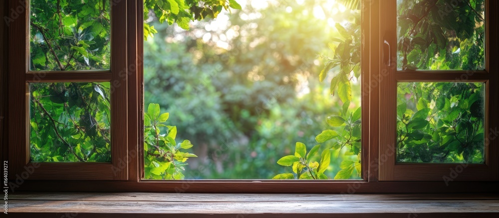 Poster wooden window frame showcasing vibrant summer greenery creating a warm and inviting home atmosphere 