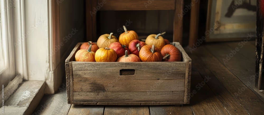 Poster wooden box overflowing with colorful pumpkins displayed on rustic floor enhancing autumn decor in a 