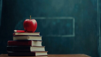 The concept of education, stack of books, an apple, pencils against the background of the school blackboard, Large copy space.