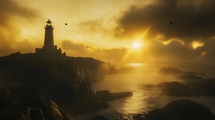 Fototapeta premium Majestic lighthouse silhouette against golden sunrise over misty ocean. Dramatic coastal scene with dramatic clouds and sun rays.