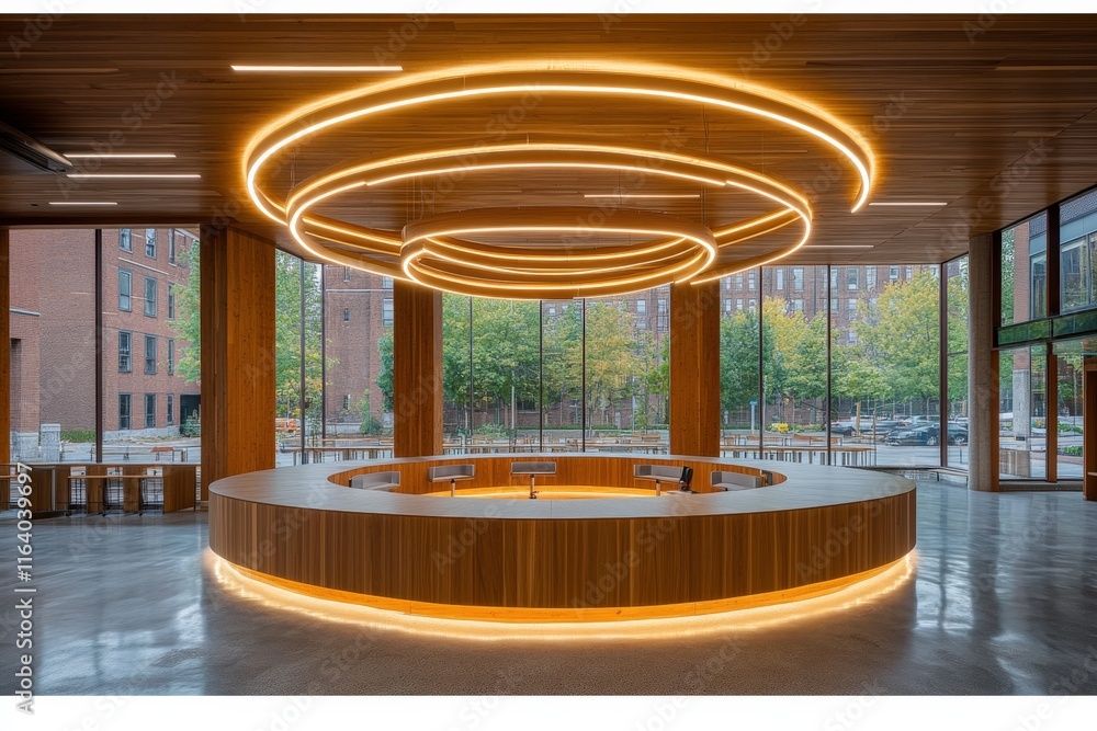 Poster modern building lobby with circular reception desk and unique led ceiling lights.