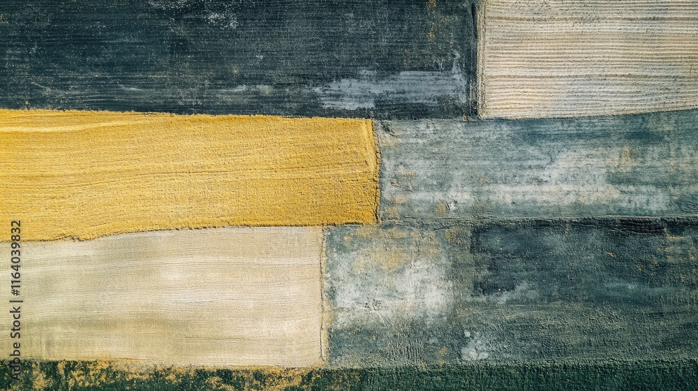 Poster aerial view of colorful striped agricultural fields showcasing unique textures and patterns