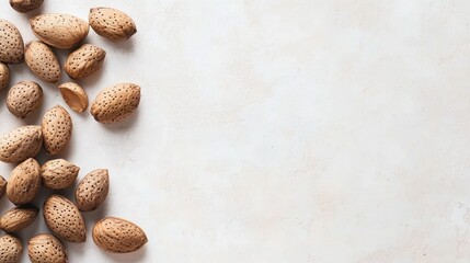Raw almonds scattered on a light textured background showcasing their natural shape and earthy colors for culinary and health-related themes