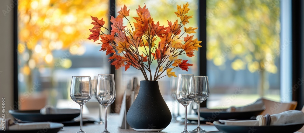 Aufkleber vibrant artificial maple leaves in a sleek vase enhancing a modern dining table setting with elegant