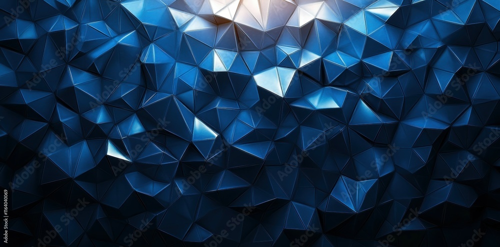 Poster abstract blue geometric pattern with sharp facets and lighting effects.
