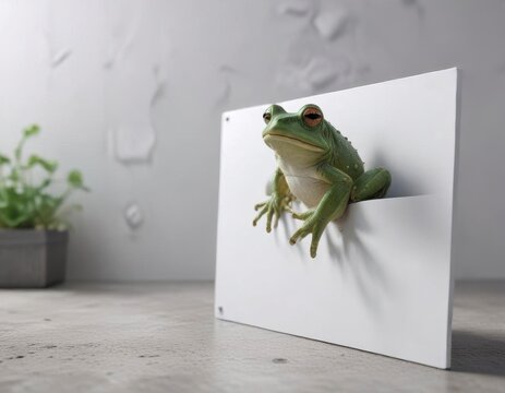 Le grenouille se r?fugie derri?re un panneau blanc,  amphibie,  vert?br?