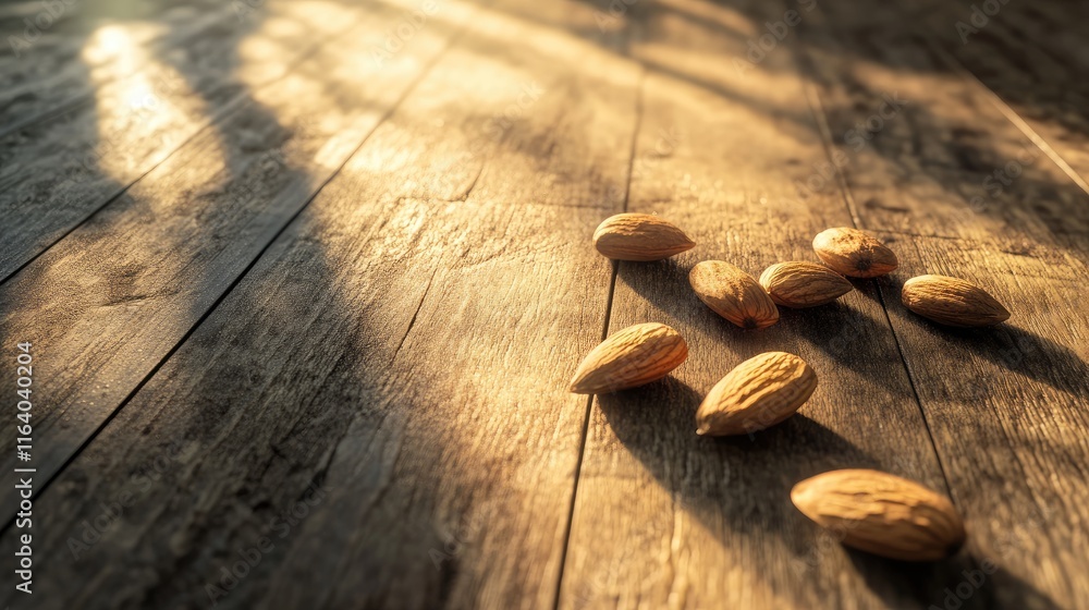 Poster almonds scattered on a rustic wooden floor with soft natural lighting creating an inviting and warm 