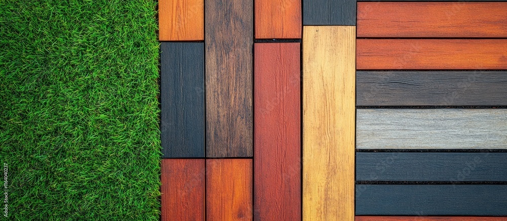 Poster textured artificial wood and grass flooring with modern abstract patterns in vibrant colors suitable
