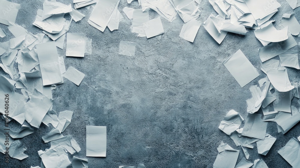 Poster aerial view of crumpled white papers scattered over a textured gray surface creating a chaotic yet a