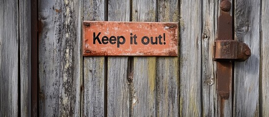 Rustic wooden door with weathered finish and bold Keep it out sign emphasizing home security and privacy in a charming setting