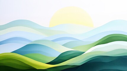 Obraz premium Abstract landscape sunrise with layered green hills, abstract landscape with pastel hills and sun, abstract landscape art with paper-cut style for nature calm design
