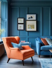 Elegant Living Room Interior Design With Orange Chair and Blue Sofa