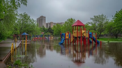 Flooded Playground Amid Rising Water Levels