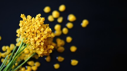 Yellow mustard plant blossoms with scattered grains on a dark background showcasing their vibrant color and natural beauty.