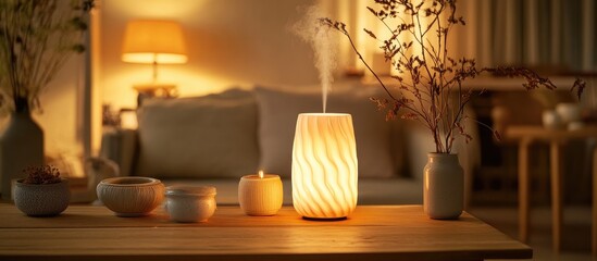 Elegant aroma oil diffuser lamp on wooden table creating a relaxing ambiance and promoting wellness in a cozy interior setting