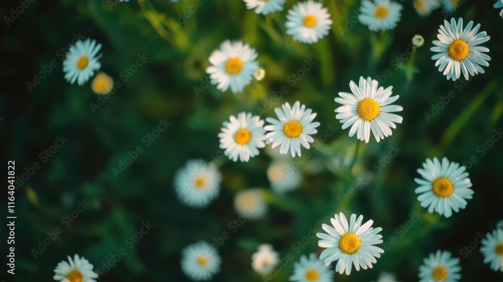 Poster aerial view of vibrant daisy field in summer sunlight with lush greenery and ample space for text or